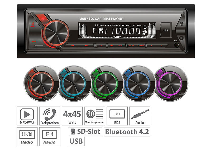 Creasono MP3-Autoradio mit Bluetooth & Freisprechfunktion, USB, SD